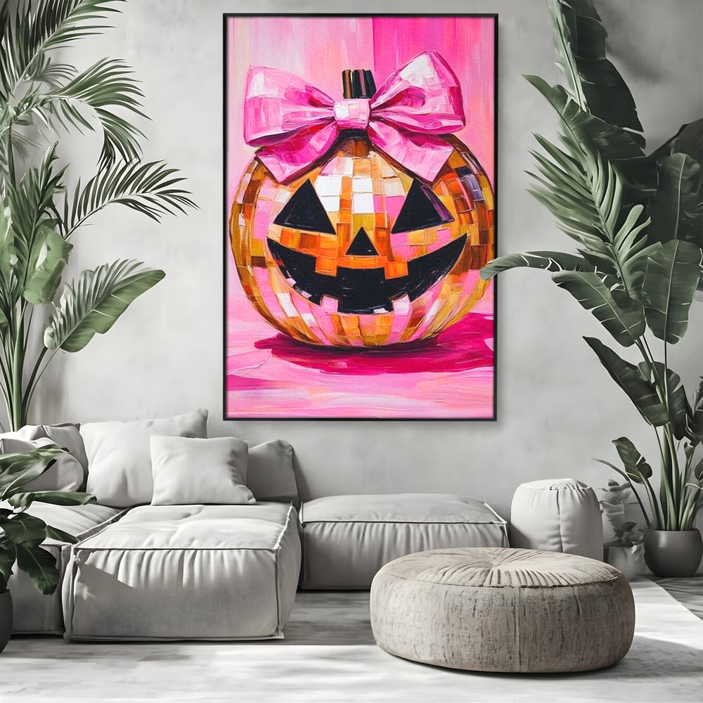 Tablou canvas cu tablou canvas cu dovleac roz si fundita, in rama de aluminiu negru, pe perete intr-un living
